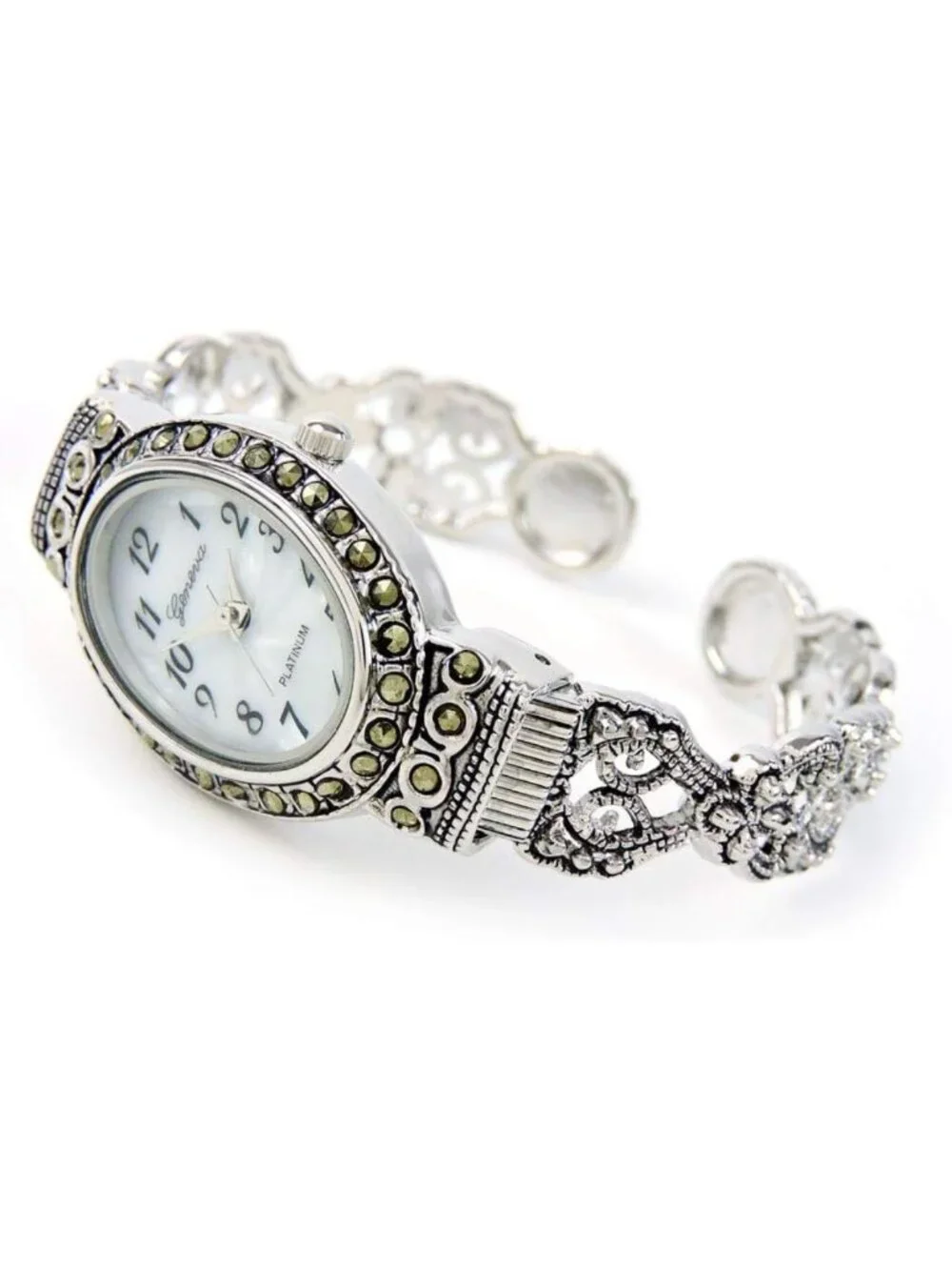 Vintage Silver Black Marcasite Crystal Women's Bangle Cuff Watch - Elegant Oval